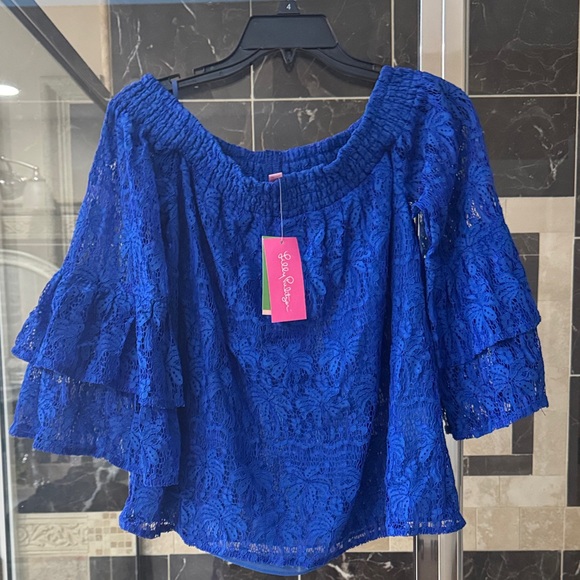 Lilly Pulitzer Tops - Lilly Pulitzer Royal Blue Lace Off-Shoulder Ruffle Sleeve Top, size M, NWT.